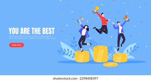 People standing on the money podium rank first three places, jumps in the air with trophy cup. Employee recognition and competition award winner business concept flat style design vector illustration.