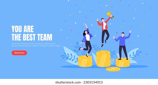 People standing on the money podium rank first three places, jumps in the air with trophy cup. Employee recognition and competition award winner business concept flat style design vector illustration.