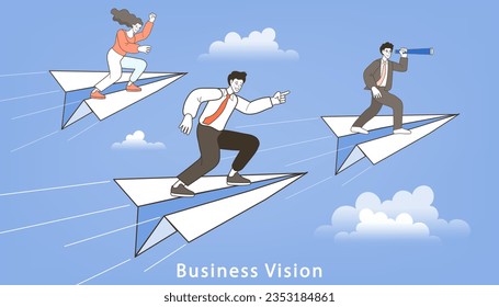 People standing on Paper Plane Look at opportunities or strategies. Career success. Achieve success and goals in business. go to target business success. Creative Successful Project. Vector