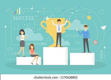 People standing on pedestal and celebrate success. Winner of the competition with a golden trophy cup. Idea of growth and achievement. Flat vector illustration