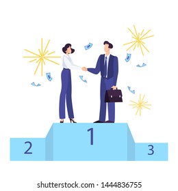 People standing on pedestal and celebrate success. Winner of the competition in a suit. Handshake between two persons. Idea of growth and achievement. Isolated vector illustration in cartoon style