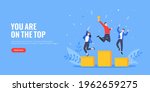 People standing on the podium rank first three places, jumps in the air with trophy cup. Employee recognition and competition award winner business concept flat style design vector illustration.