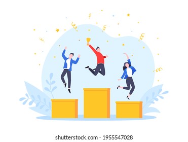 People Standing On The Podium Rank First Three Places, Jumps In The Air With Trophy Cup. Employee Recognition And Competition Award Winner Business Concept Flat Style Design Vector Illustration.