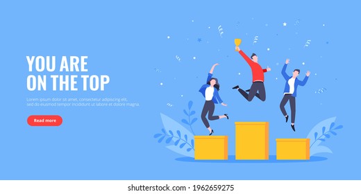 People standing on the podium rank first three places, jumps in the air with trophy cup. Employee recognition and competition award winner business concept flat style design vector illustration. - Shutterstock ID 1962659275
