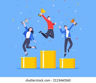 People standing on the podium rank first three places, jumps in the air with trophy cup. Employee recognition and competition award winner business concept flat style design vector illustration.