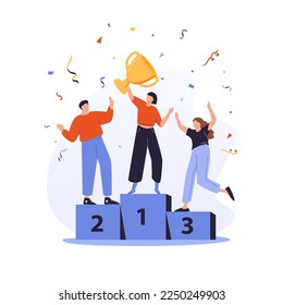 People standing on the podium rank first three places, jumps in the air with trophy cap. Employee recognition and competition award winner business concept flat style design vector illustration.