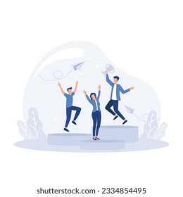 People standing on the podium rank first three places, jumps in the air with trophy cup, flat vector modern illustration