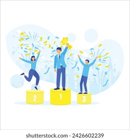 People standing on the podium rank first three places, jumps in the air with trophy cup and competition award winner business concept flat style design vector illustration
