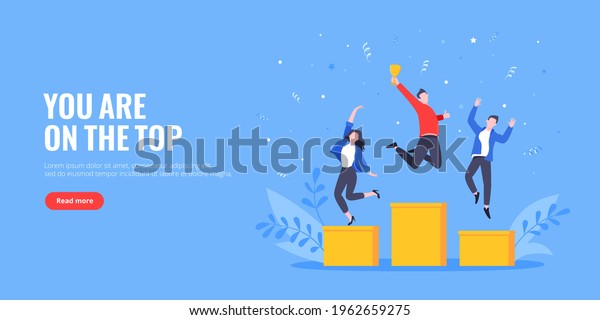 People standing on the podium rank first\
three places, jumps in the air with trophy cup. Employee\
recognition and competition award winner business concept flat\
style design vector\
illustration.