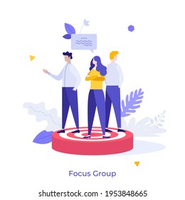 People standing on target. Concept of focus group members, market research participants, public survey for marketing strategy, views or opinions of customers. Flat vector illustration for banner.