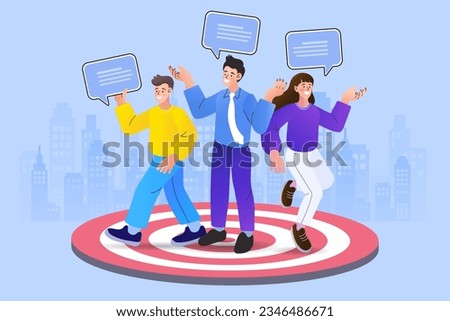 People standing on target. focus group members. views or opinions of customers. public survey for marketing strategy. market research participants. Corporate  people aim at targeted marketing goal.