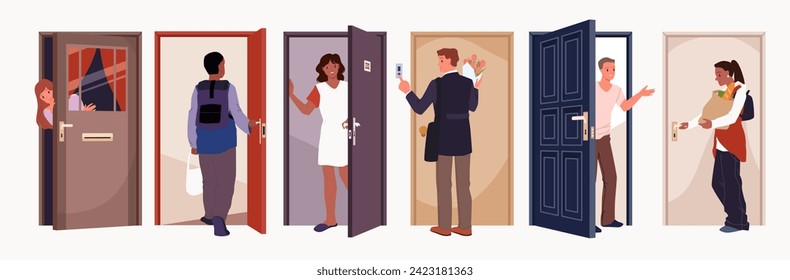 La gente parada a puerta abierta se pone. Feliz hombre y mujer abriendo la puerta para dar la bienvenida, jóvenes personajes masculinos y femeninos sostienen el pomo de la puerta para entrar, timbre de llamada para visitar ilustración del vector de dibujos