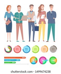 People standing with papers and laptop, round charts and graph presentation, statistic report. Workers character and diagrams with numbers. Vector illustration in flat cartoon style