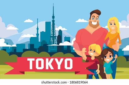 People standing are photographed against the background of Tokyo. Family with children in the background of Tokyo.