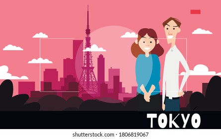 People standing are photographed against the background of Tokyo. Travel Illustration in the style of photography.