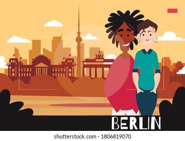 People standing are photographed against the background of Berlin. Travel Illustration in the style of photography.