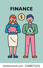 People standing with piggy bank and money sacks. Simple vector illustration with outline.