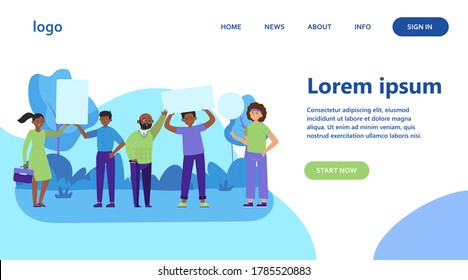 People standing with placards in park. Protest, banner, opinion flat vector illustration. Democracy and social position concept for banner, website design or landing web page