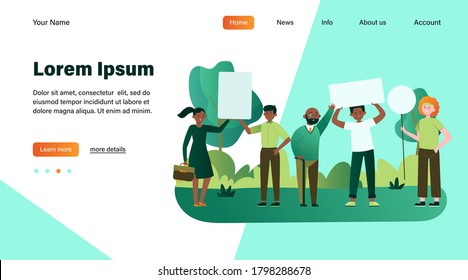 People standing with placards in park. Protest, banner, opinion flat vector illustration. Democracy and social position concept for banner, website design or landing web page