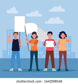 people standing protestating holding blank posts over urban city landscape background, colorful design, vector illustration