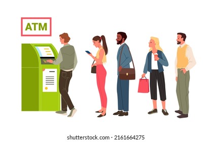 People Standing In Queue At Atm Machine. Self Service Banking Terminal, Withdrawing Money Salary, Using Safety Pincode, Financial Cash Deposit, Digital Bank Payments Vector Illustration