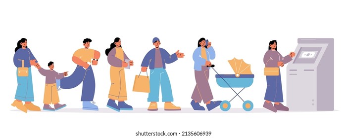 People Standing In Queue At ATM. Vector Flat Illustration Of Bank Automated Teller Machine And Characters Waiting In Long Line. Woman With Baby Carriage, Kid And Hurry Man Queuing At Bankomat