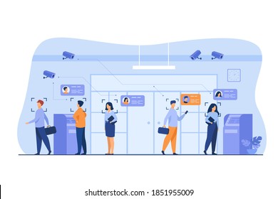 People standing queue in bank to withdrawing cash money flat vector illustration. AI face recognition with camera for access. Digital safety, analysis and control concept