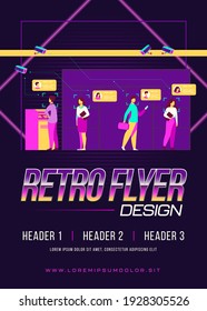 People standing queue in bank to withdrawing cash money flat vector illustration. AI face recognition with camera for access. Digital safety, analysis and control concept