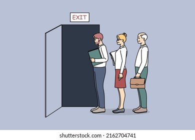 People standing in queue to exit made leaving jobs in office. Diverse employees in line to doors quitting workplace. Resignation and dismissal, workers firing. Vector illustration. 