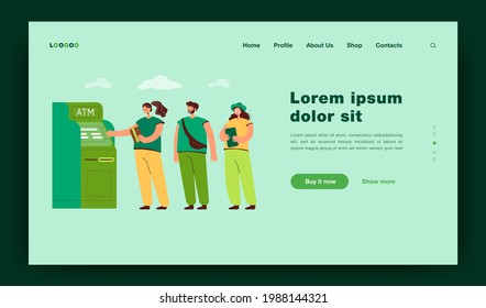 People standing in queue flat vector illustration. Crowd waiting in line for terminal transaction. Banking payment and withdrawing money from bank card using ATM machine. Money, technology concept