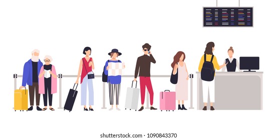 Pessoas na fila ou na fila para o balcão de check-in para se registrar para o voo. Homens e mulheres com bagagem aguardando a partida do avião no aeroporto. Ilustração vetorial de desenhos animados coloridos em estilo simples