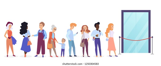 People standing in queue line in front of shop entrance doors. Cartoon man and woman waiting near boutique, store and showroom opening vector illustration.