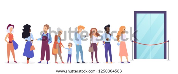 People standing in queue line in front of\
shop entrance doors. Cartoon man and woman waiting near boutique,\
store and showroom opening vector\
illustration.