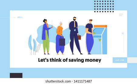 People Standing in Queue near ATM Cash Machine Web Banner Template. Financial Transaction Concept. Cashpoint Bankomat with Characters Waiting for Salary Landing Page. Vector flat illustration