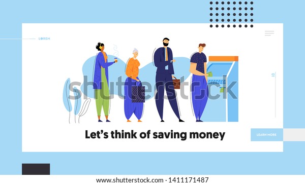 People Standing Queue Near Atm Cash Stock Vector Royalty Free