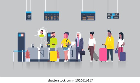 People Standing In Queue With Suitcases For Checking In Airport Passing Through Security Scanner For Registration Flat Vector Illustration
