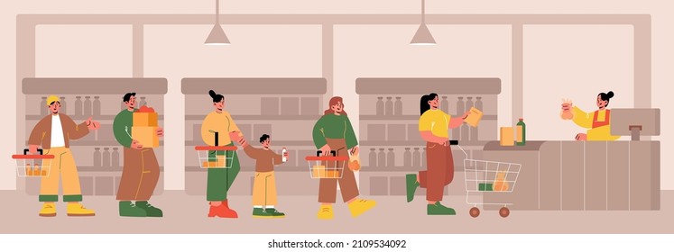 People Standing In Queue In Supermarket. Customers Waiting In Long Line To Checkout Counter In Store. Vector Flat Illustration Of Market With Cashier And Shoppers With Shopping Baskets And Cart