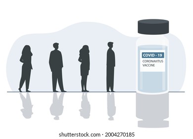 Personas en espera de recibir una inyección Coronavirus codifican 19 dosis en frascos de vacuna durante la epidemia en el fondo del aislamiento blanco Ilustración EPS10