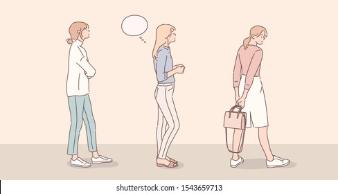 People standing In a row isolated on yellow background. Hand drawn style vector design illustrations.