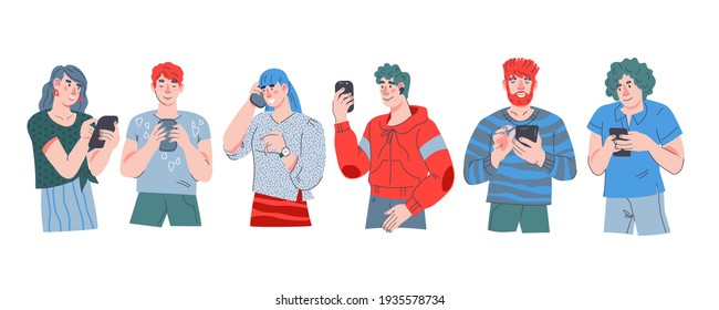 Gente de pie en fila y usando teléfonos, dibujos animados de ilustraciones planas vectoriales aisladas en fondo blanco. Los jóvenes se comunican a través de la red móvil.