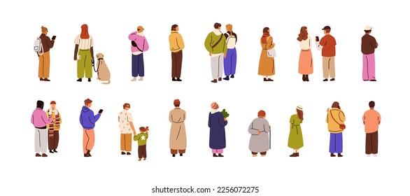 People standing set, rear view. Men, women backside. Behind human backs. Male, female characters with mobile phone, dog, waiting, watching. Flat vector illustrations isolated on white background