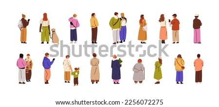 People standing set, rear view. Men, women backside. Behind human backs. Male, female characters with mobile phone, dog, waiting, watching. Flat vector illustrations isolated on white background
