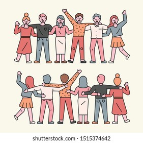 People are standing side by side and rejoicing. Symmetrical front and back views. flat design style minimal vector illustration.