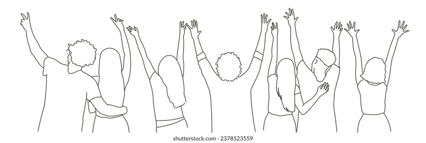 People are standing side by side and rejoicing. Back view. Hand drawn vector illustration. Black and white.