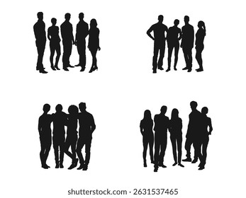 people standing silhouette. Business people, set of vector. Vector silhouettes of men and a women, a group of standing and walking business people, black color isolated on white background.