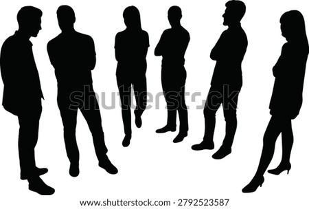 People standing silhouettes, diverse group communication, business team brainstorming, community gathering meeting graphic icon, social interaction crowd elements