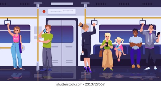 Menschen stehen, sitzen, schauen, telefonieren in der U-Bahn, in der U-Bahn, im Bus. Passagiere lachen mit ihren mobilen Geräten und halten den Handgriff im öffentlichen Verkehr. Vektorgrafik