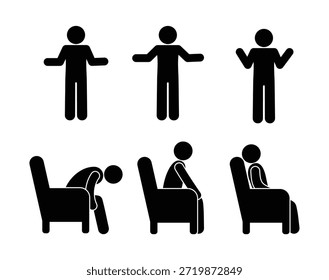 people standing and sitting icons set, stick figure man, isolated human silhouette
