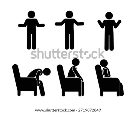 people standing and sitting icons set, stick figure man, isolated human silhouette