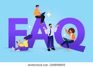 People standing and sitting near letters FAQ and using laptops, mobile phones. Frequently asked questions concept. Flat women and men with speech bubble. Vector illustration.